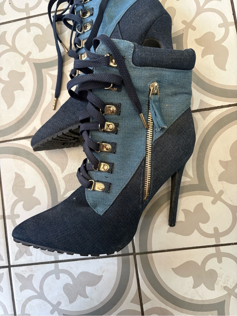 Women's Dark Denim Lace-Up Stiletto Ankle Boots with Side Zip Size 10